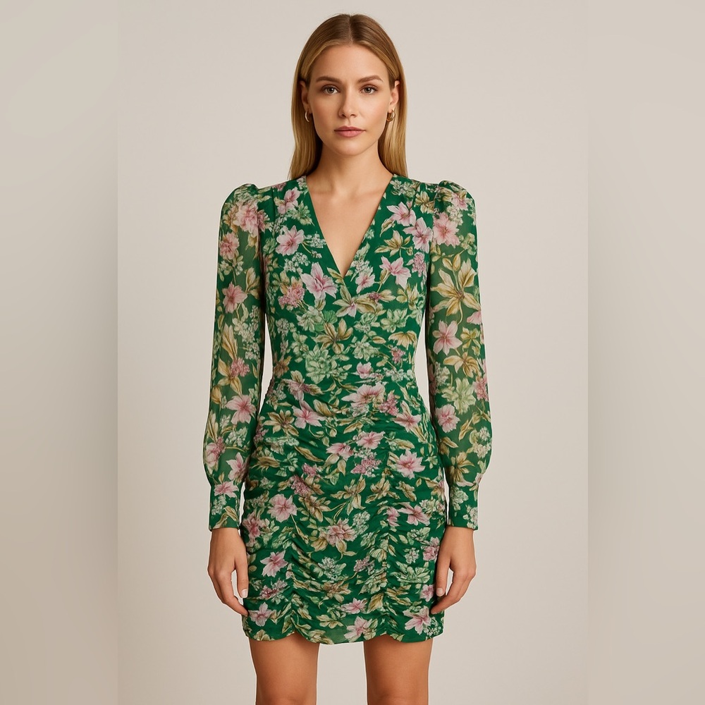 Runaway The Label Rowland Green Floral Ruched Mini Dress Size 2/XS Cocktail